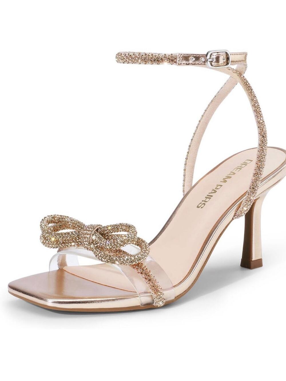 Women Square Open Toe Ankle Strap Stilettos High Heel Sandals Crystal Rhinestone